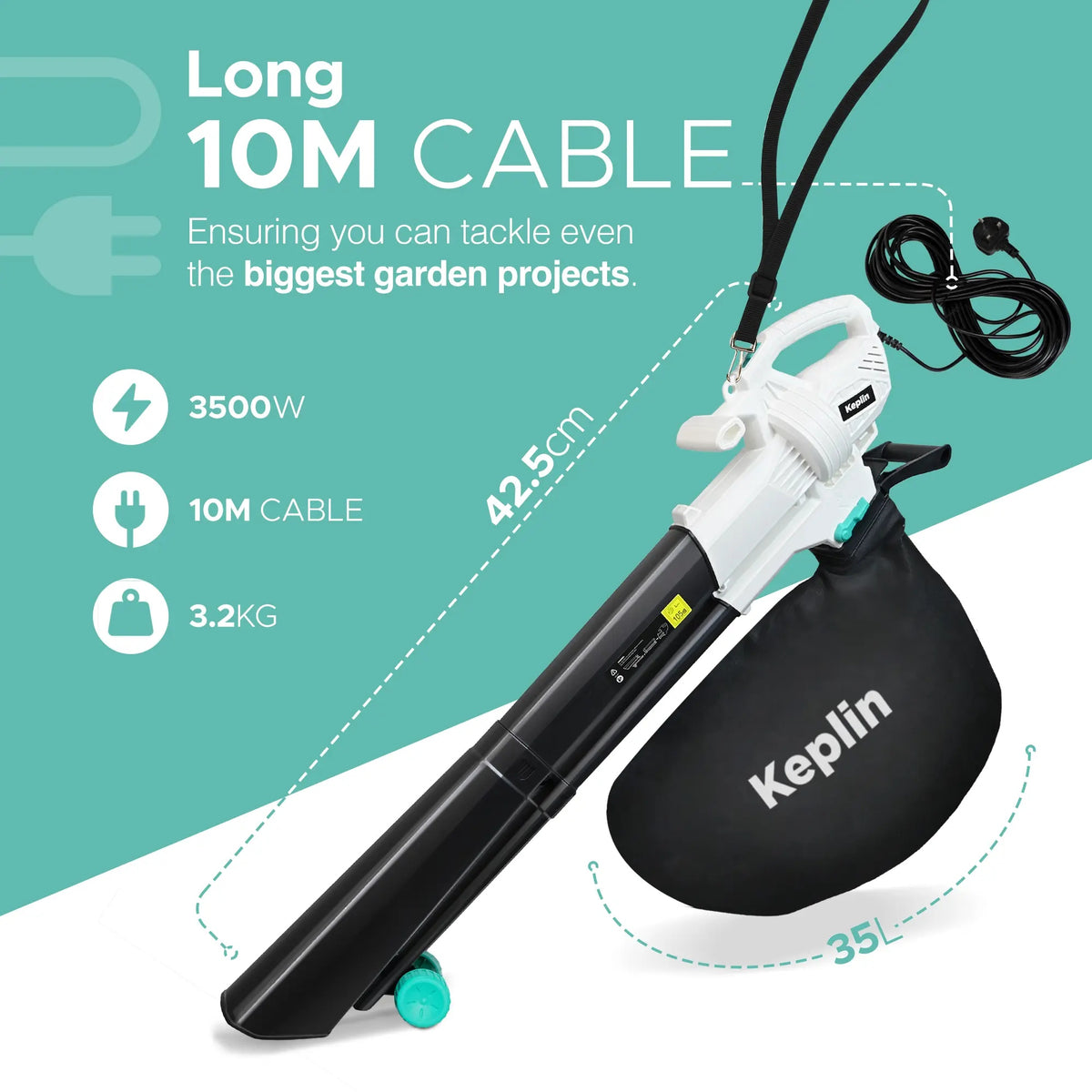 3‑in‑1 Leaf Blower, Garden Vacuum & Mulcher, 3500W Electric Leaf Cleaner with 35L Collection Bag, 10M Power Cord, Shoulder Strap & Wheels, for Garden Patio Leaves and Debris, 1‑Year Warranty